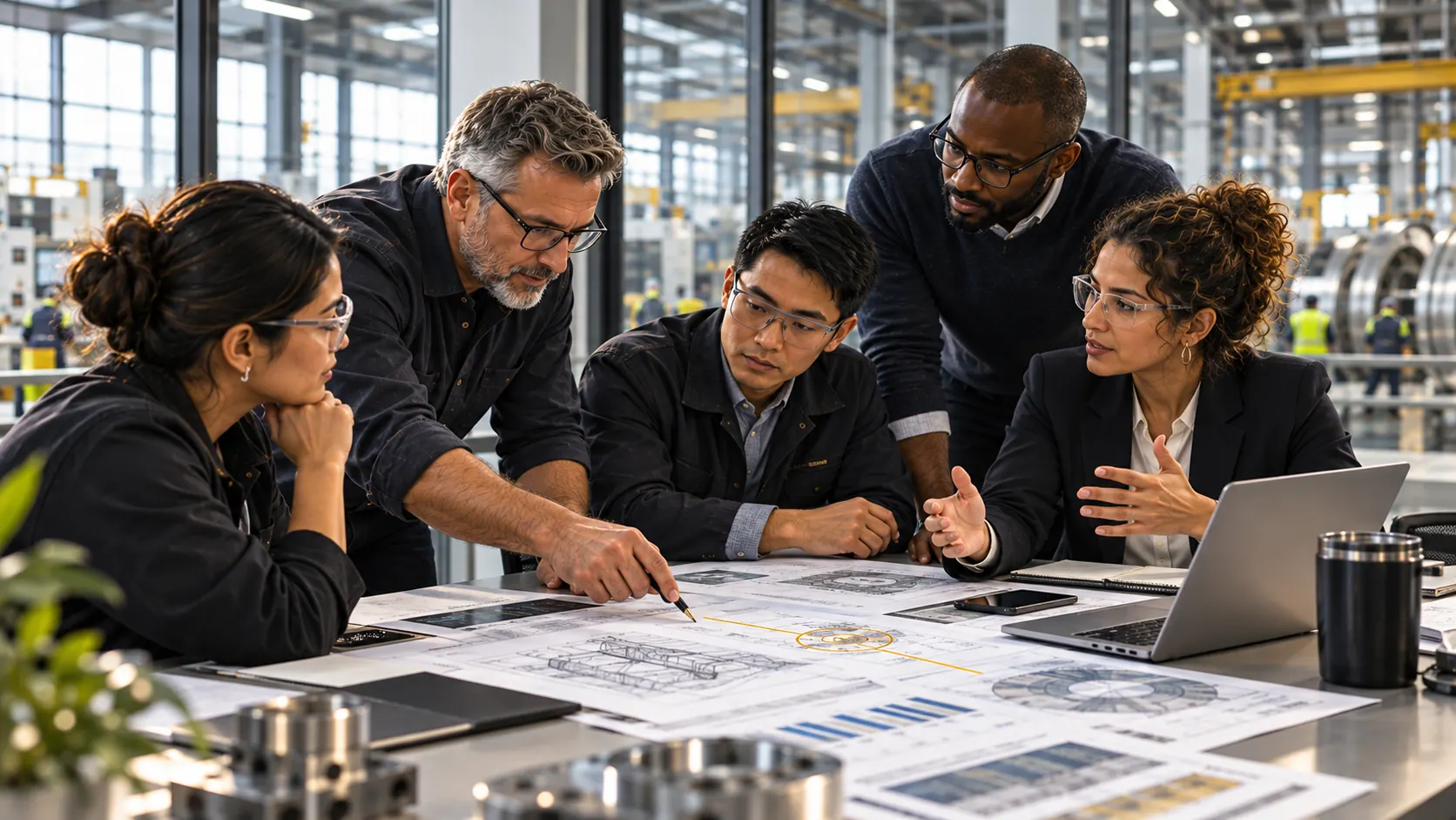 A team reviewing drawings and charts together, with the shop floor behind them